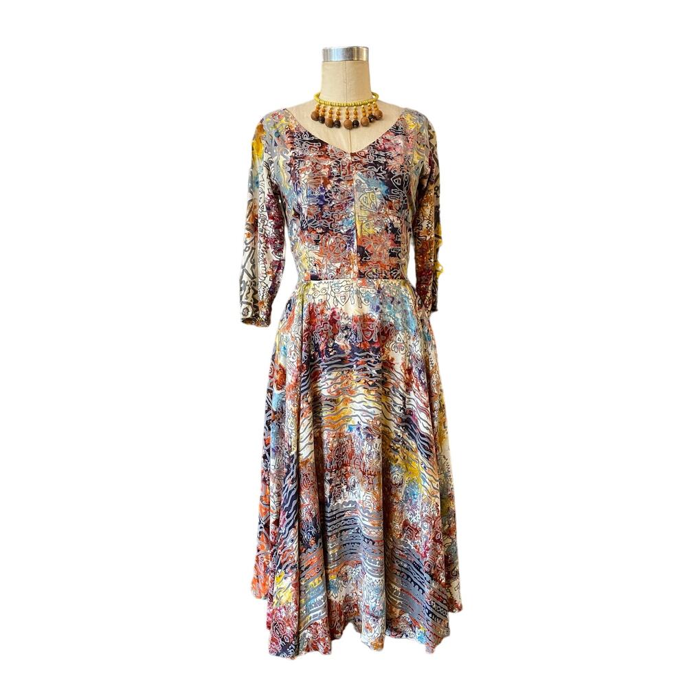 vintage 1990s novelty print dress, fit and flare, 90s does 50s, batik faces, sm